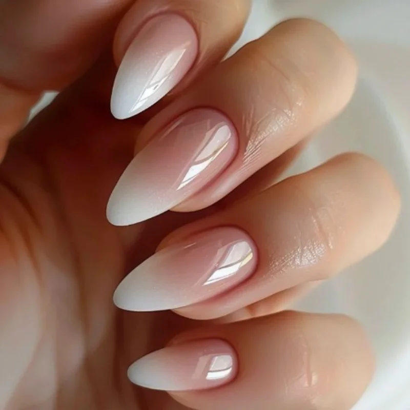 

Medium and long almond-shaped French ombre false nail stickers, 24-piece detachable finished box set for manicure.