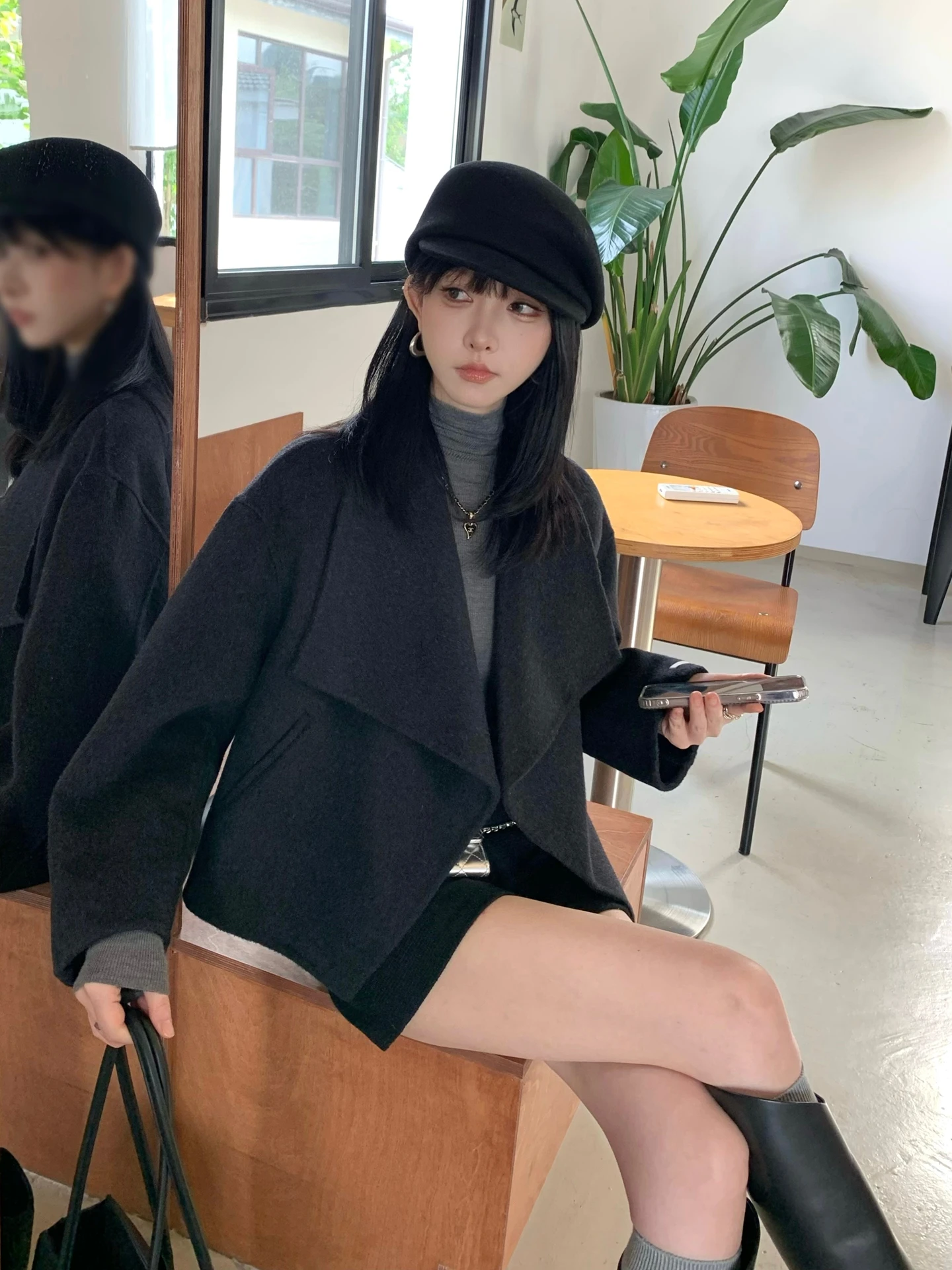 

Двустороннее шерстяное пальто для женщин, черное, с высокой талией, в корейском стиле, для повседневной носки, теплое, ручной работы, однотонное, повседневное