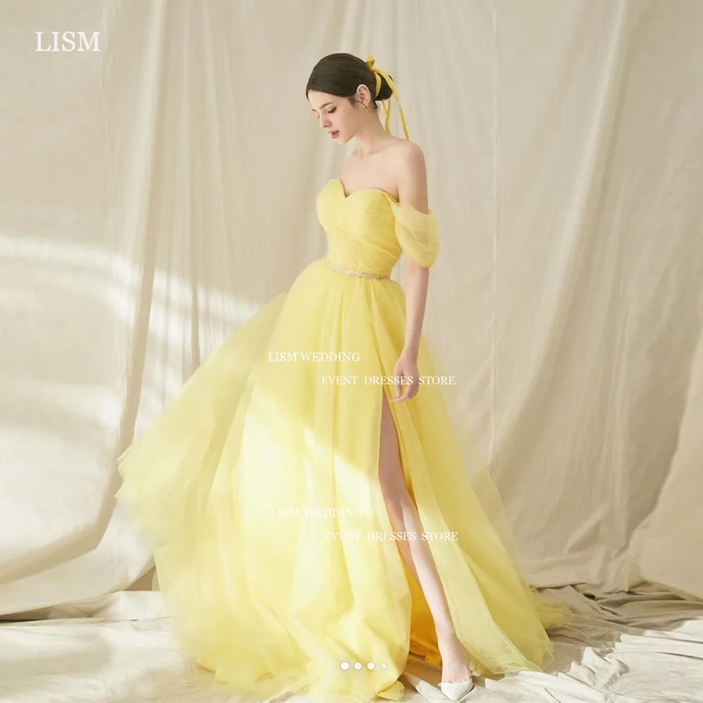 

LISM Fairy Yellow Tulle Korea A-Line Evening Dresses Photo Shoot Sweetheart Off The Shoulder Side Split Formal Occasion Dress