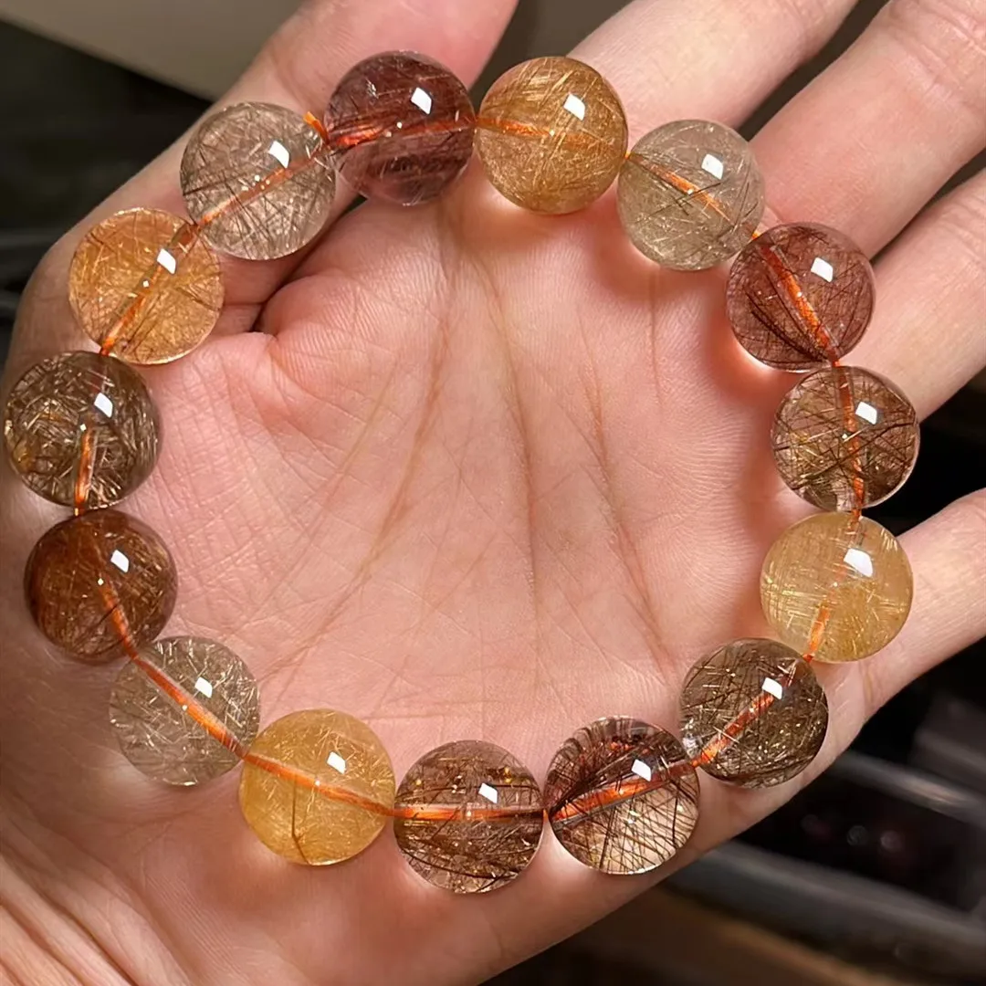 Natural Copper Gold Rutilated Quartz Bracelet Red Rutilated 14mm Clear Round Women Bracelet AAAAAA