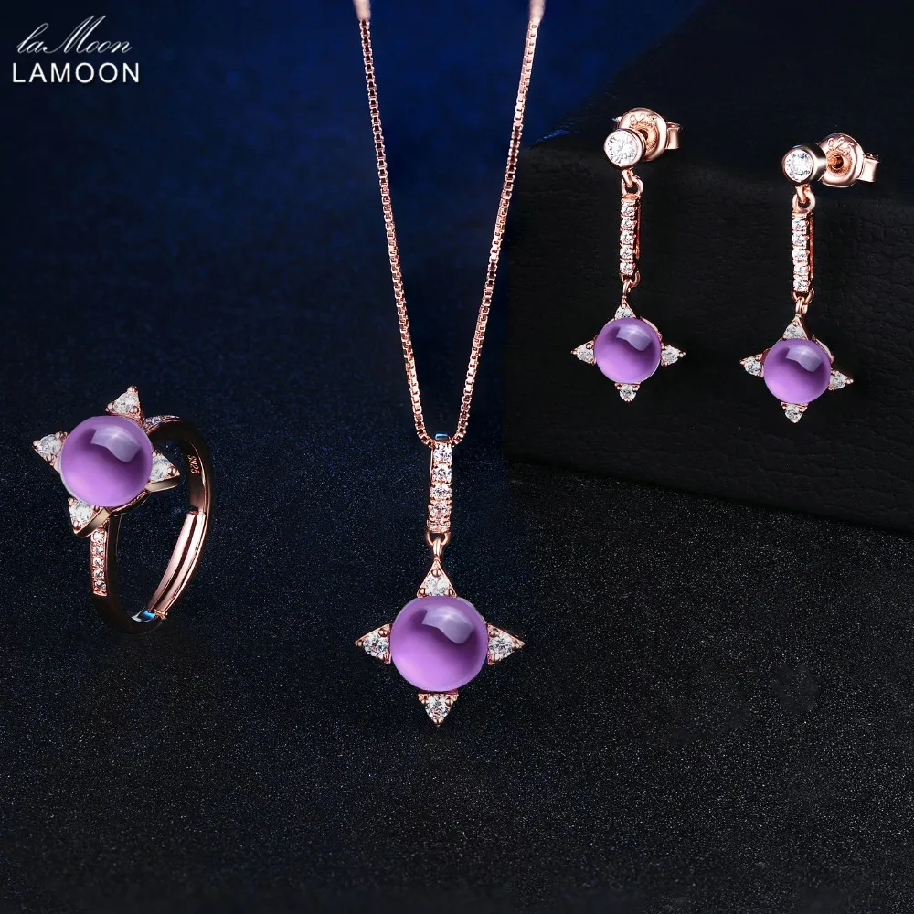 LAMOON Natrual Amethyst Jewelry Set For Women Cross Star 925 Sterling Silver Jewelry Rose Gold Plated Necklace Earring Set V009