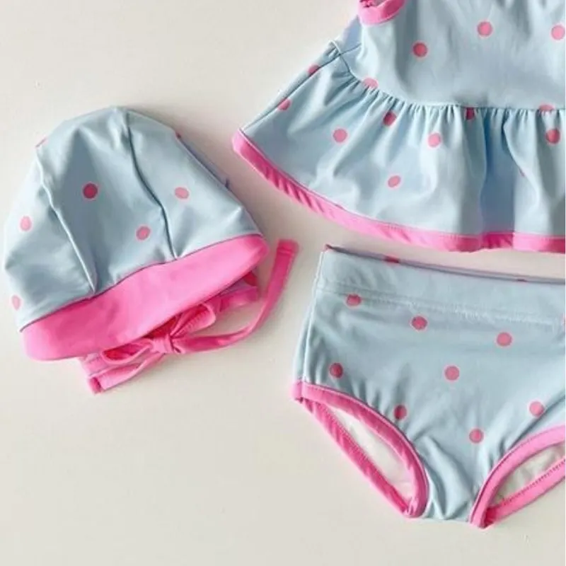 Newborn Baby Girl 3pcs Swimsuit Set Vest+Shorts+Hat Infant Toddler Candy Colored Dots Bathing Suit Summer Baby Clothes12M-10Y