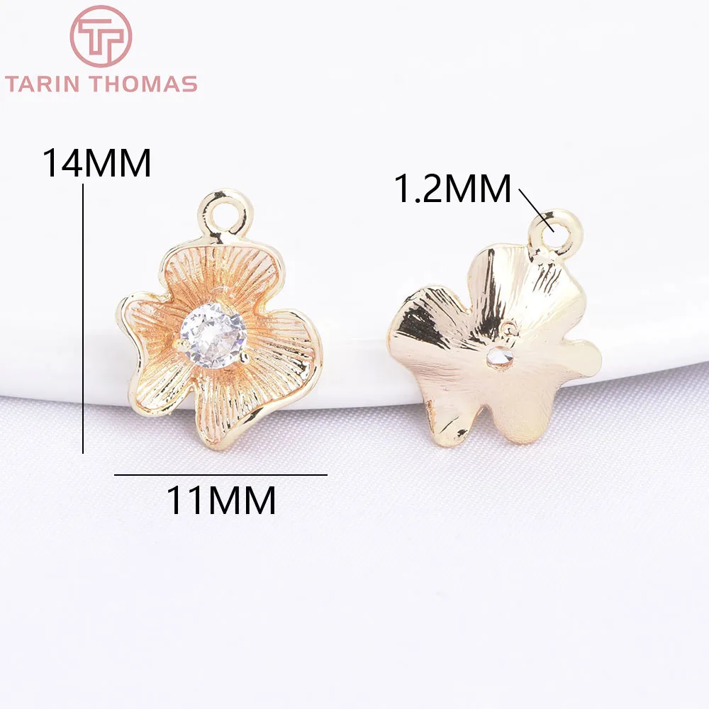 (912) 6PCS 11x14MM 24K Gold Color Plated Brass with Zircon Flower Charms Pendants High Quality Diy Jewelry Making Accessorie