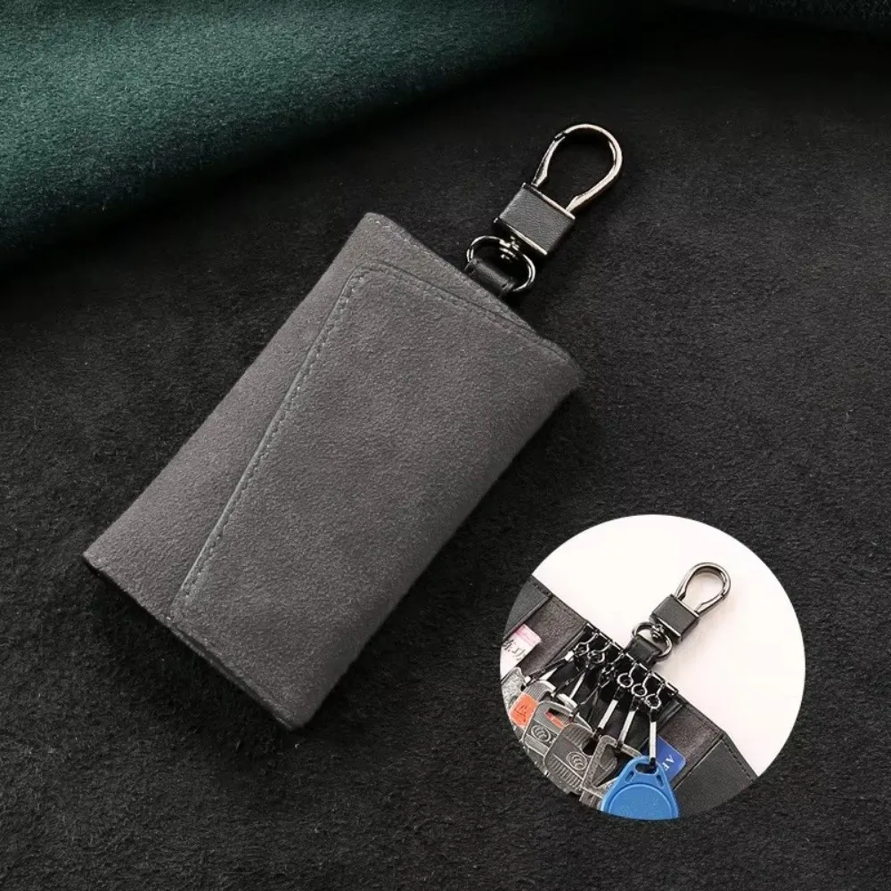 Fashion Mini Car Key Wallet Large Capacity Suede Leather Car Keychain Holder with Metal Hook Keyring Zipper Bag Men Women