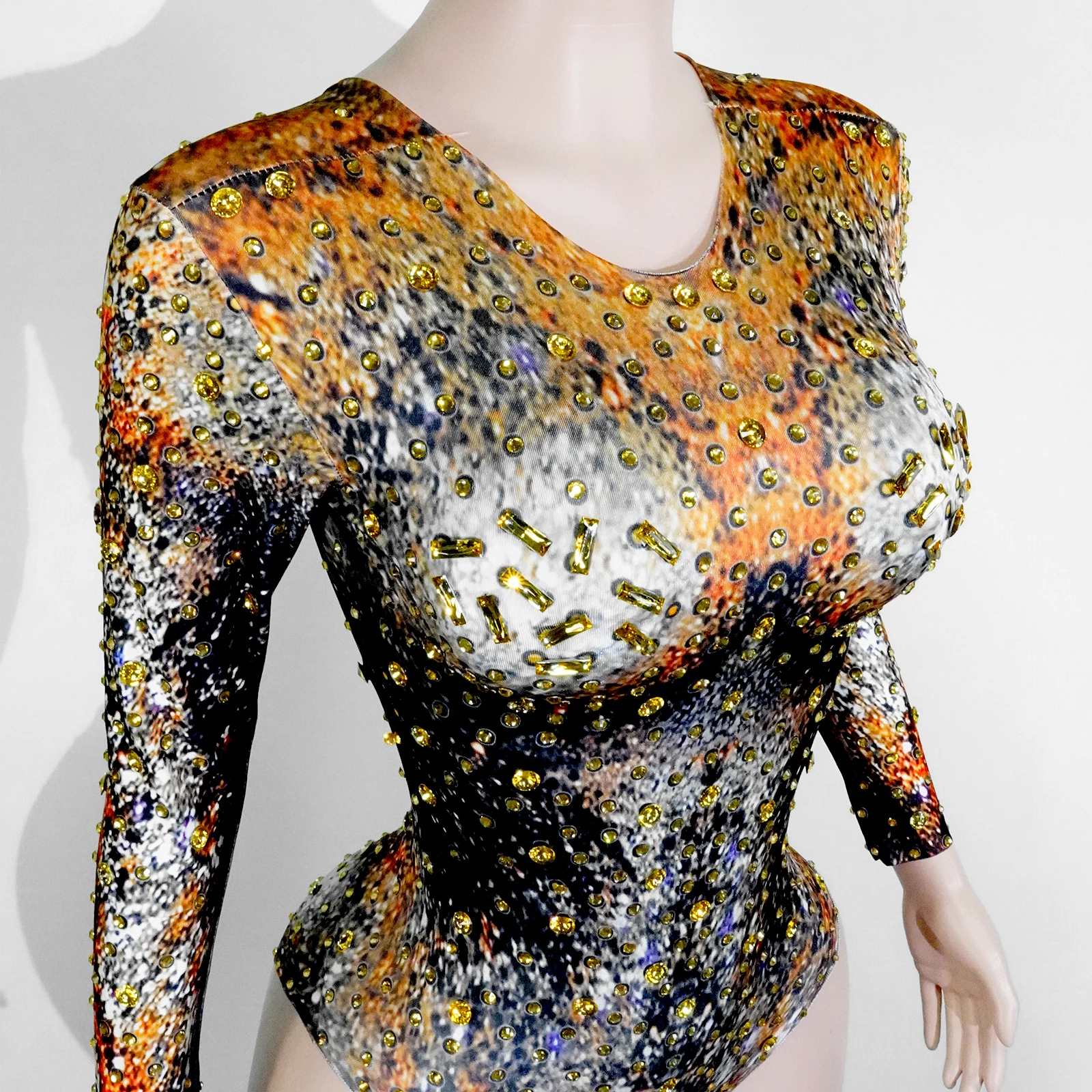 Body en cristal scintillant à manches longues, imprimé léopard, Sexy, Club, fête, Bar, anniversaire, Drag Queen, pôle danse, chanteur, vêtements de Festival