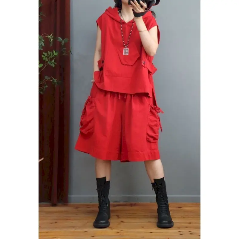 Summer Trend Hooded Vest Sets Women Personalized Fashion Vests Coat And Loose Shorts Casual Two Piece Set Solid Color Thin Suits