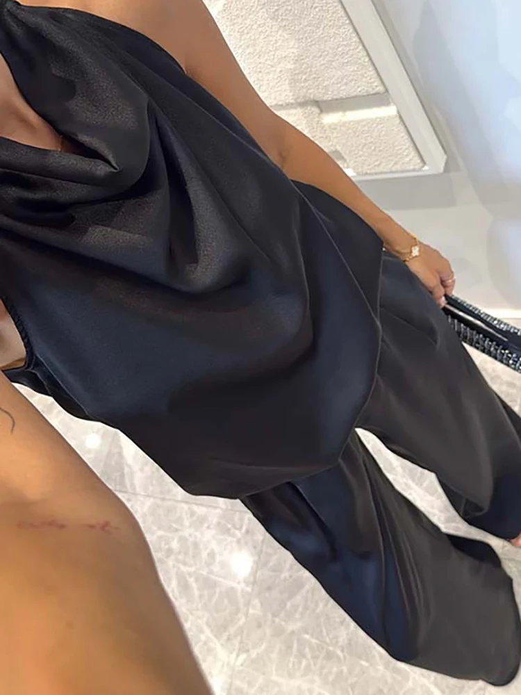 

Summer Sleeveless Vest&Pants Set Temperament High Waist Satin Vacation Outfits Fashion Loose Solid Color Women's Two Piece Sets