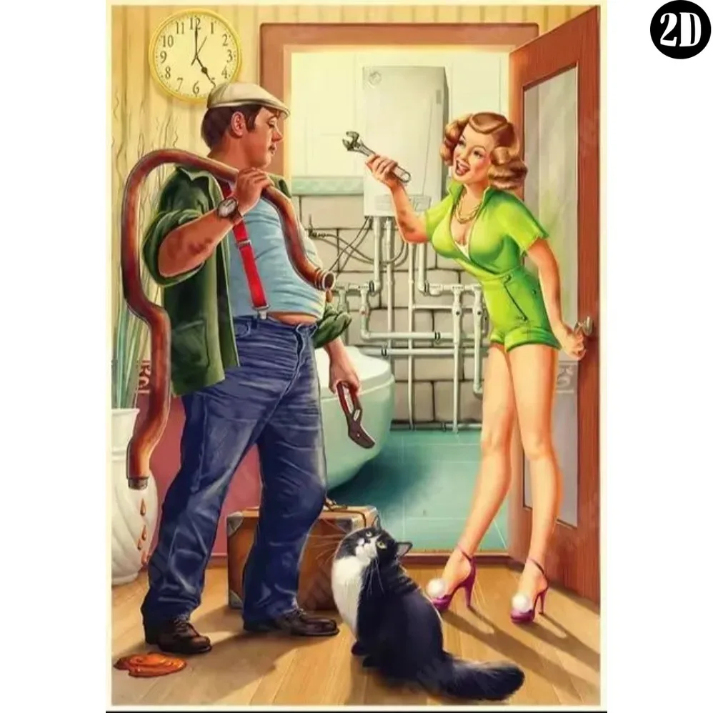 Vintage Metal Tin Sign, Retro Pin‑Up Plumber‑Repair Scene With Cat Wall Decor For Garage Man‑Cave Bar