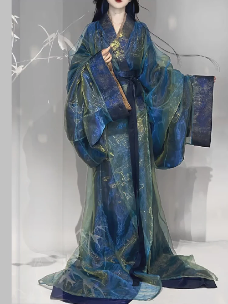 Vestido azul de Estados Warring, ropa de mujer Hanfu, energía de hadas, mangas grandes, cola de cola, cola recta, ropa antigua, anc