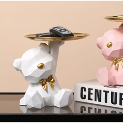 Nordic Lovely Geometric Bear Statue Candy Key Storage Tray Resin Animal Figurine Home Decoration Living Room Desktop Ornaments