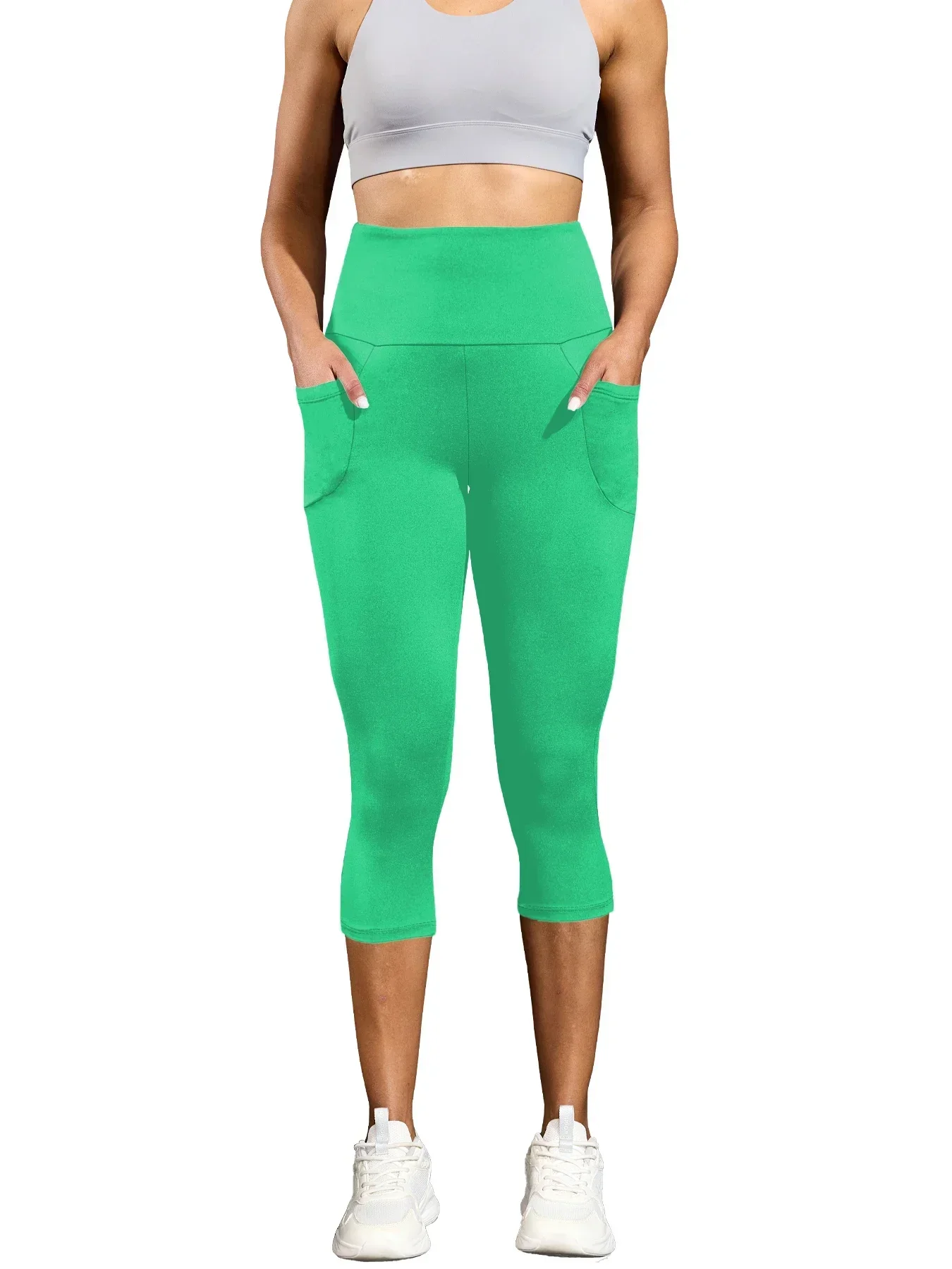 กางเกงคาปรีเอวสูงสําหรับผู้หญิงที่มีกระเป๋าควบคุมหน้าท้องไม่มีดูผ่านออกกําลังกายวิ่งโยคะแข็งแรงPush Upยิมเลกกิ้ง