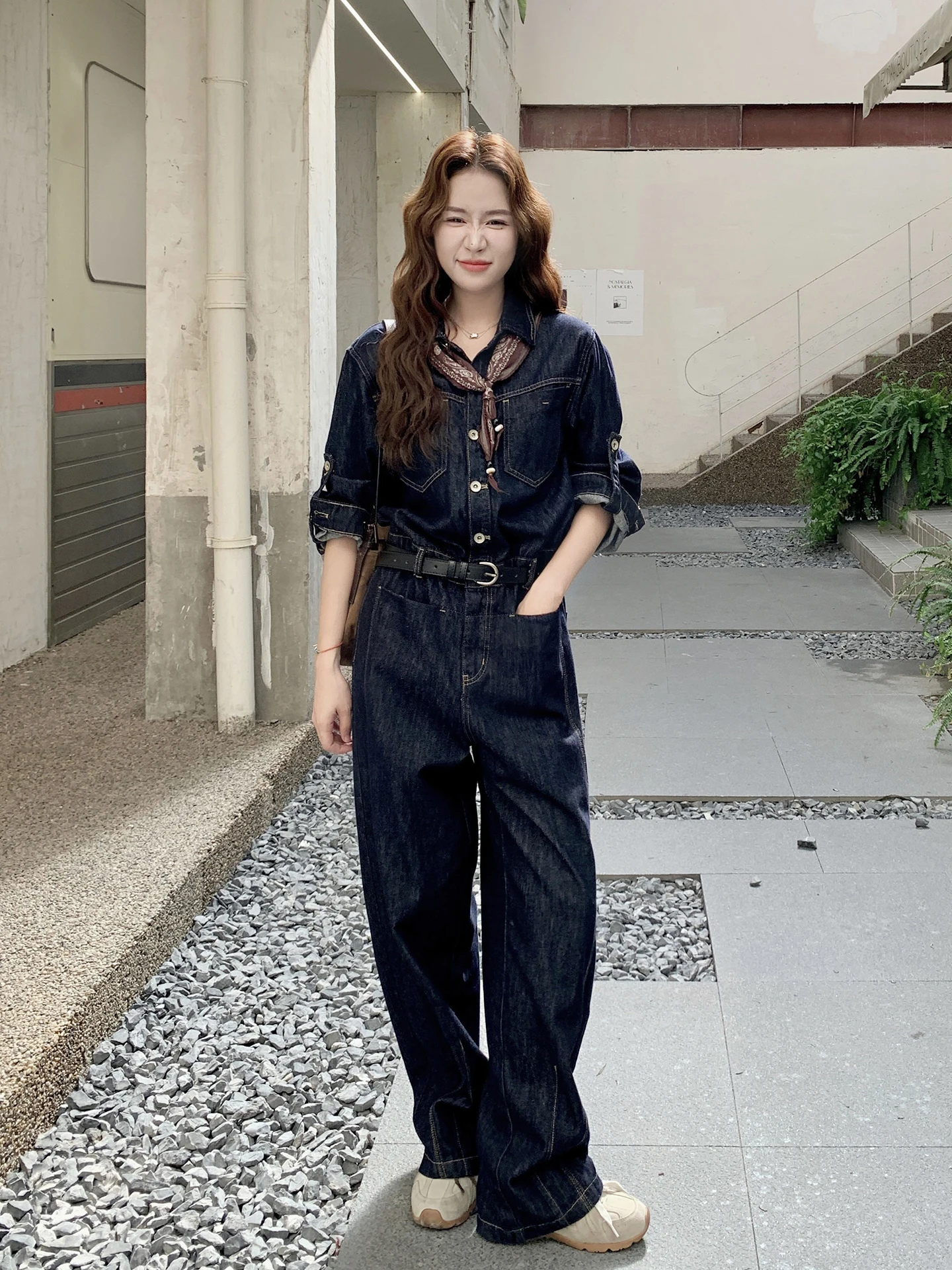 

Retro Hong Kong Sle Long Sve Denim Jumpsuit Women's Spring Autumn New Faion Loose Casual High Waist One-Piece Suit
