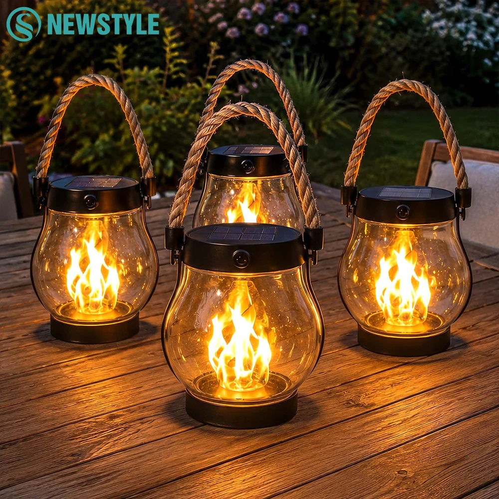 Outdoor Waterproof Portable Solar Flame Lamp Type-C Charging Flickering 3D Flame Rope Hanging Solar Lights Garden Decor Lights