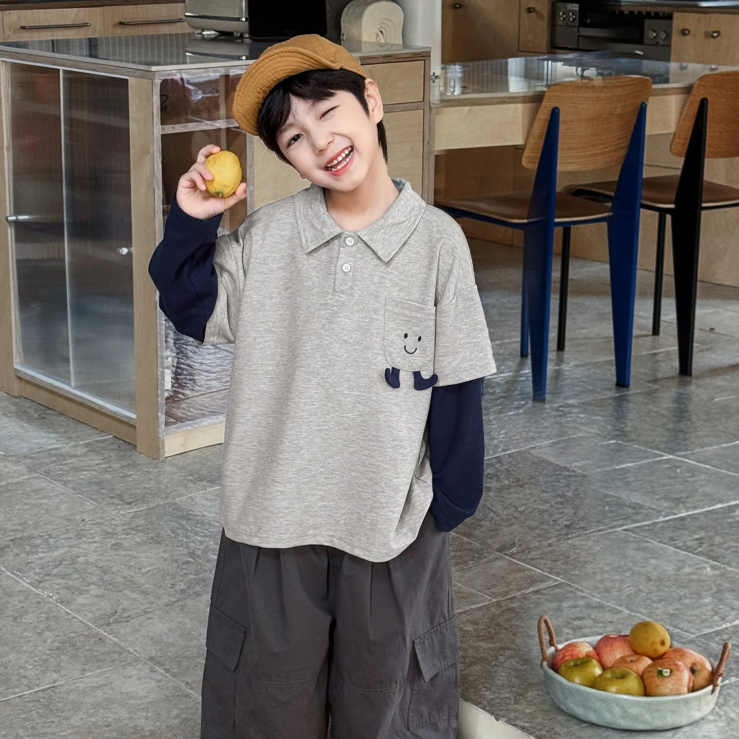 

2026 Boys Spring Pocket Three-dimensional Cartoon Doll T-shirt Fake Two Lapel Children's Polo Shirt