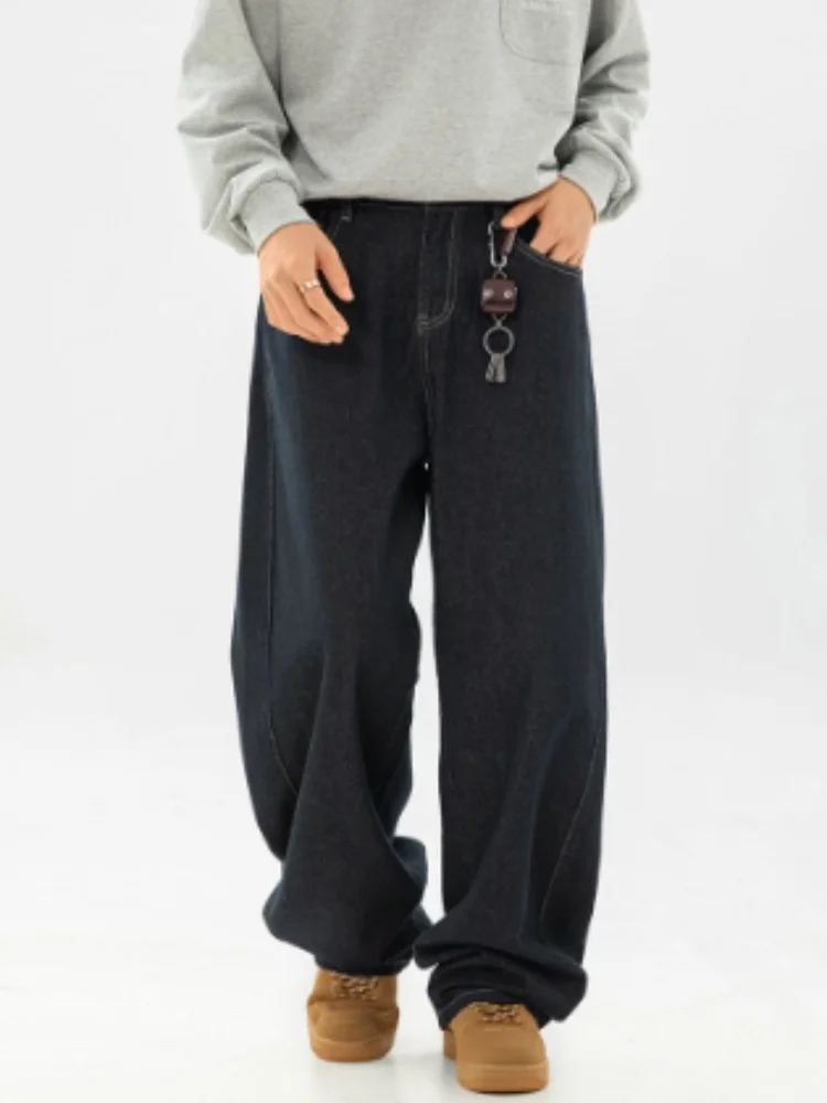 Man Jeans 2026 New Men Vintage Raw Denim Jeans Split Silhouette Contrast Stitch Design Loose Straight Pants Street Long Trousers