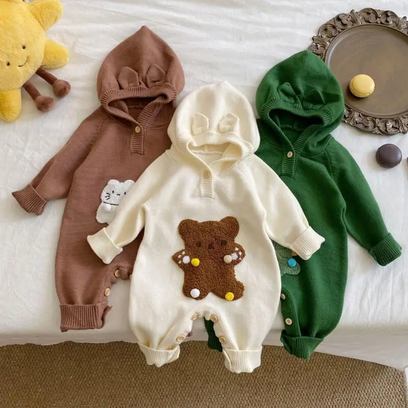 

2025 Baby Winter Knitted Jumpsuit Boys Girls Cartoon Hooded Sweater Romper Warm Climbing Clothes Infant One-Piece Outfit 0-24M