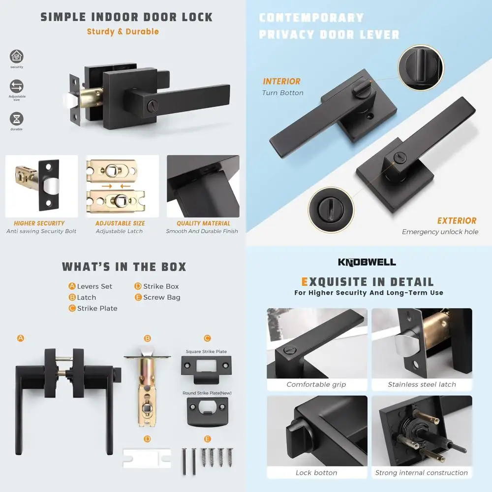 

Matte Black Square Door Lever Handles, Privacy Security, 2.07 lb, Suitable for Bedroom Doors, Left/Right Handing Options
