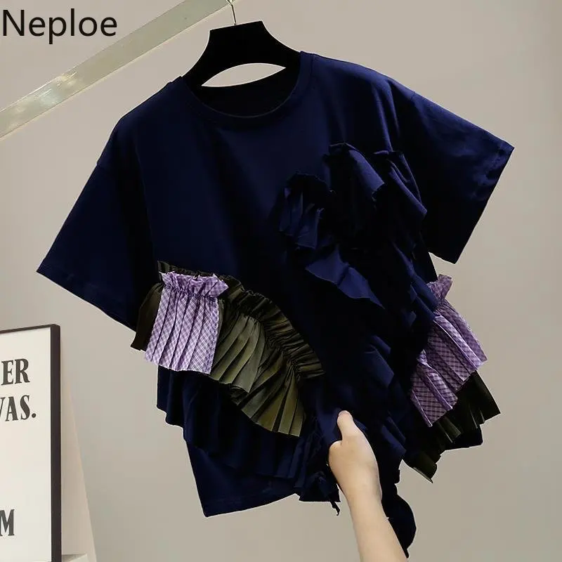 Neploe Ruffle O-Neck Trend T-Shirts Irregular Stacked Color Contrast Panel Short Sleeve Casual T-Shirt Fashion Versatile Top