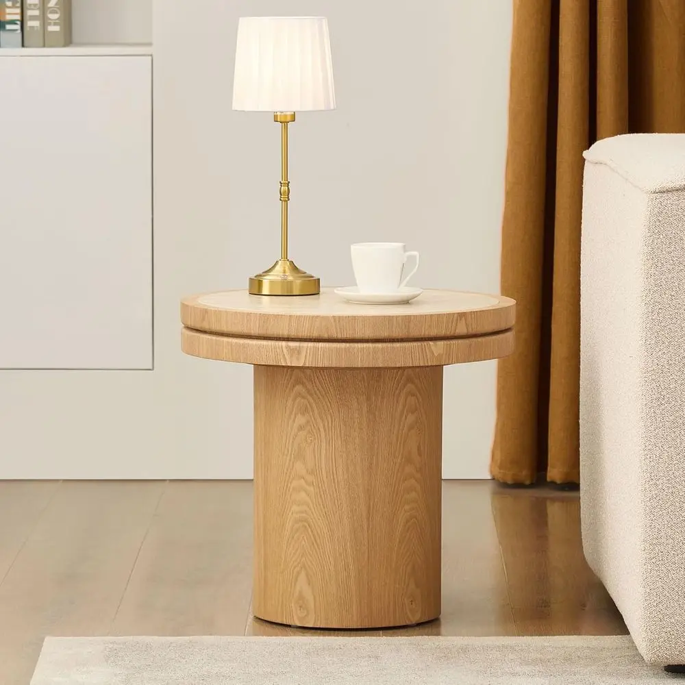 

19.49 Round Sintered Stone Top Side Table, Wood Accent Table for Living Room or Bedroom, No Assembly, Natural Finish