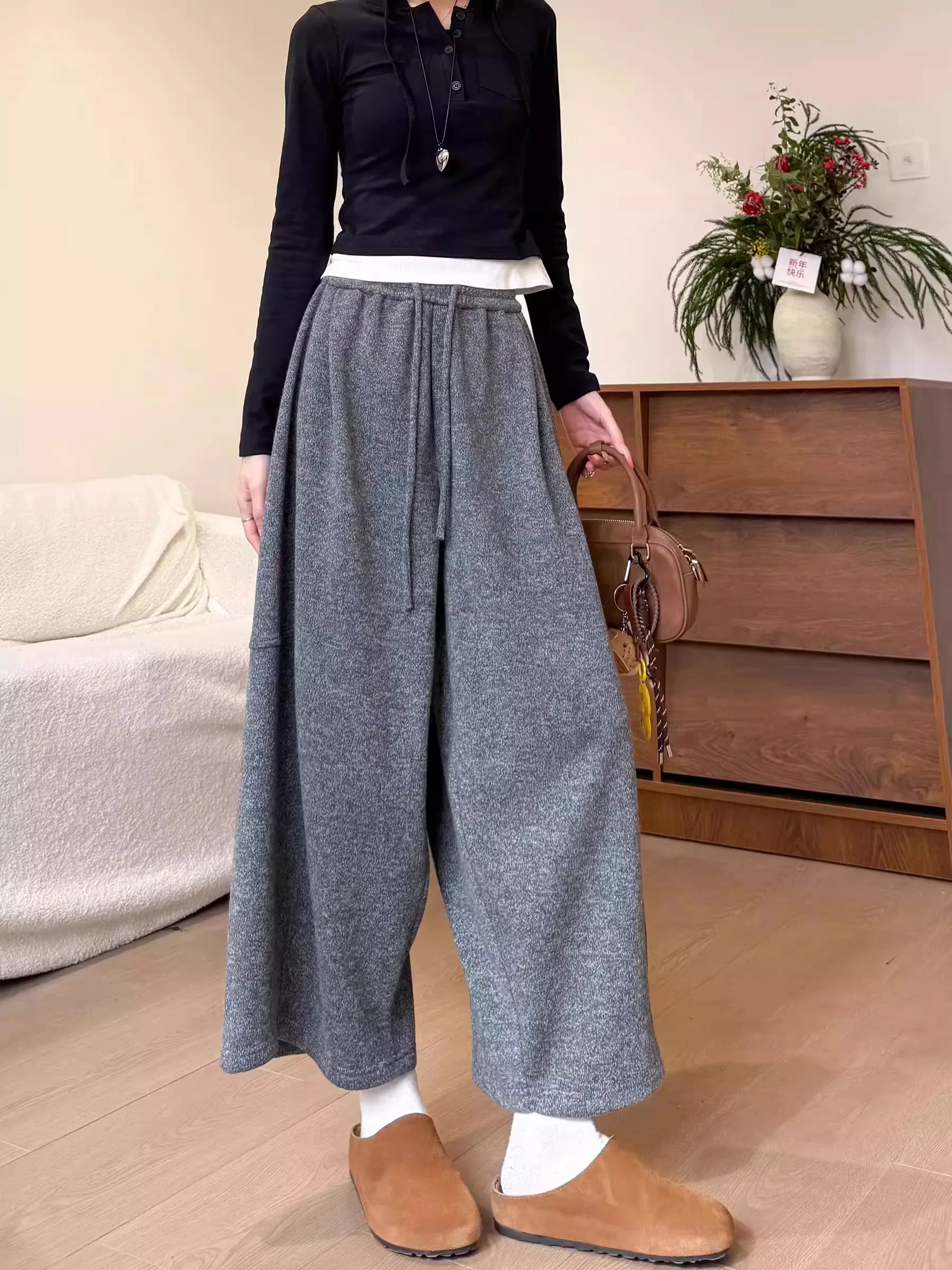 

Женские повседневные брюки на осень-зиму, новые, свободные, стройнящие, в стиле кэжуал, с широкими штанинами, модные, с высокой талией, укороченные (7/8)