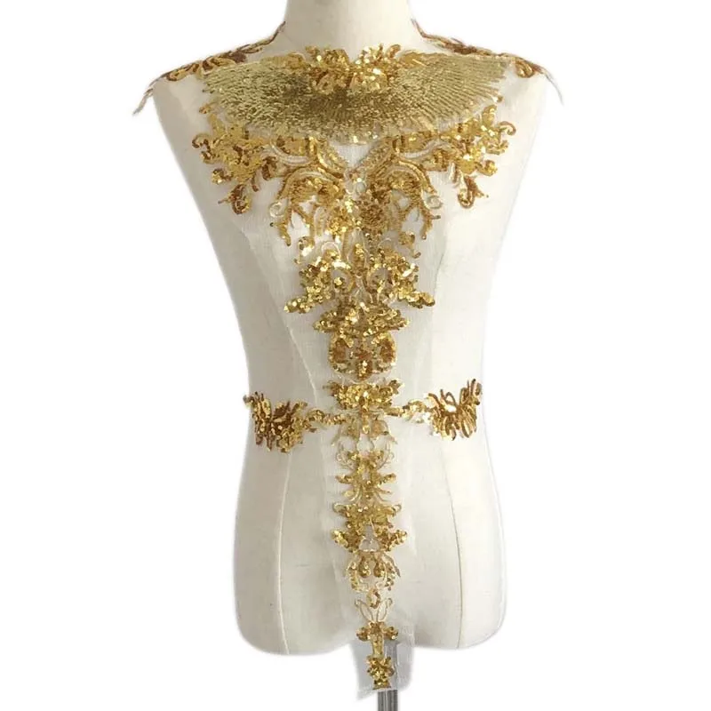 29*64CM/Gold Pailletten Blumenapplikation, Stoff Spitze Stickerei Aufnäher DIY Nähen für Hochzeitskleid Partykleid, Mieder Patch