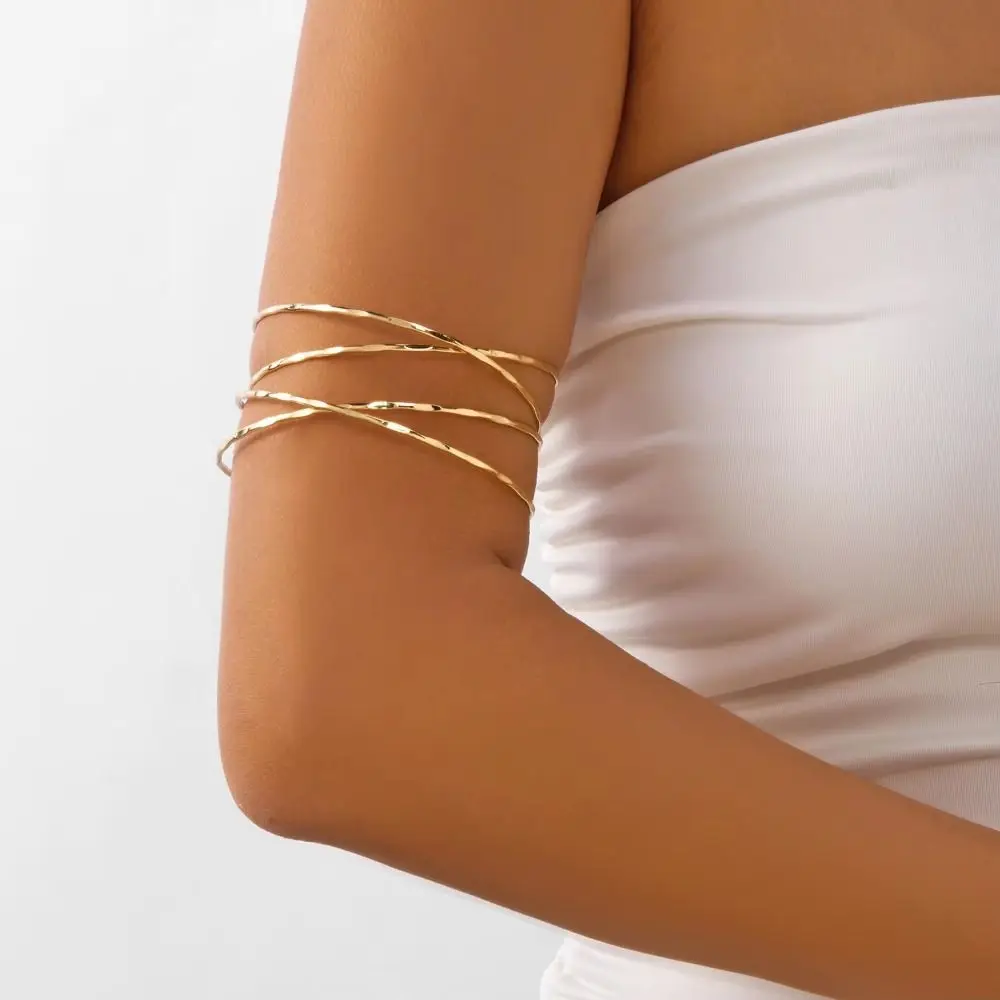 Vintage Metal Open Arm Bangles Geometric Pattern Women Fashion Cross Bracelet Upper Cuff Bracelet Night Out