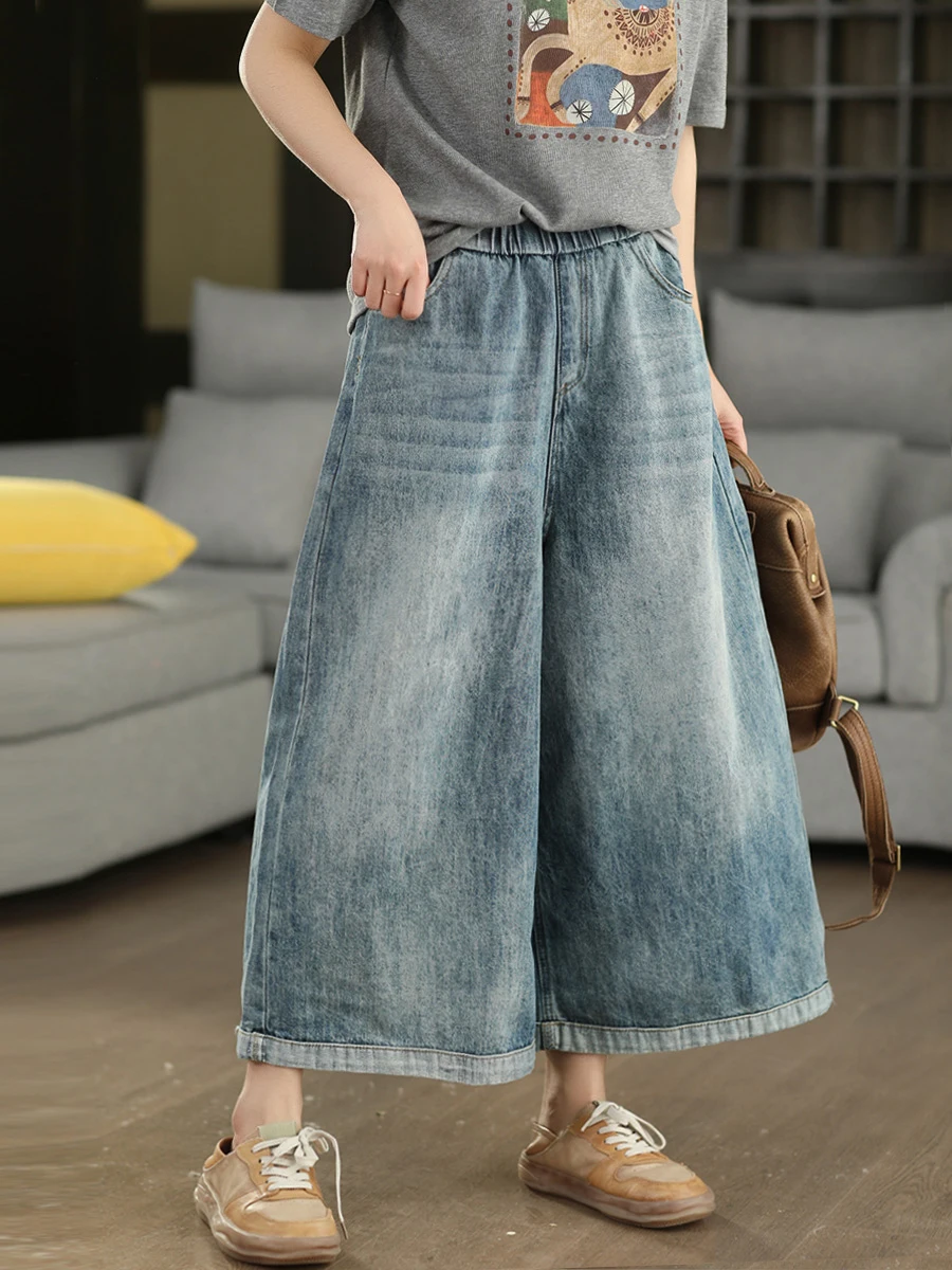 

Retro Washed Cotton Denim Skirt Pants Spring Summer Loose Waist Slim Straight Casual Nine Point Ladies Jeans Skort