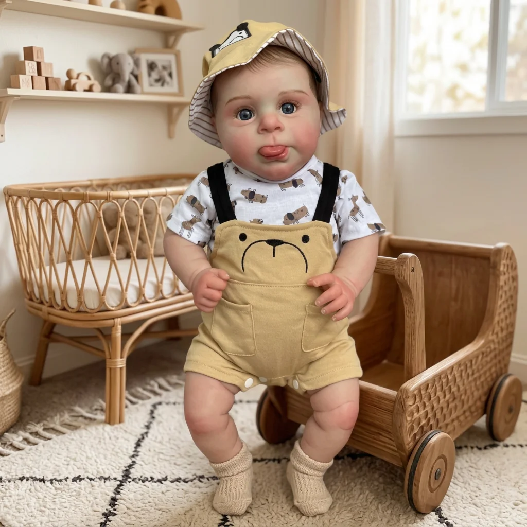 22 Inch Sebby Reborn Doll, Cloth Body, Tongue Out, Painted Hair, Lifelike Newborn Realistic Hand-Painted Collectible Art Ornament for Holiday & Birthday Gifts