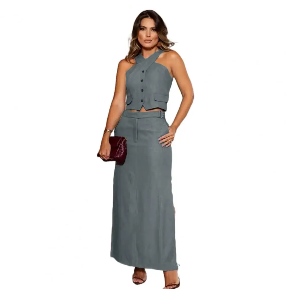 High-waisted Slit Maxi Skirt Stylish Halter Neck Vest Skirt Set Backless High Waist Maxi Skirt for Commute Party Wear Women