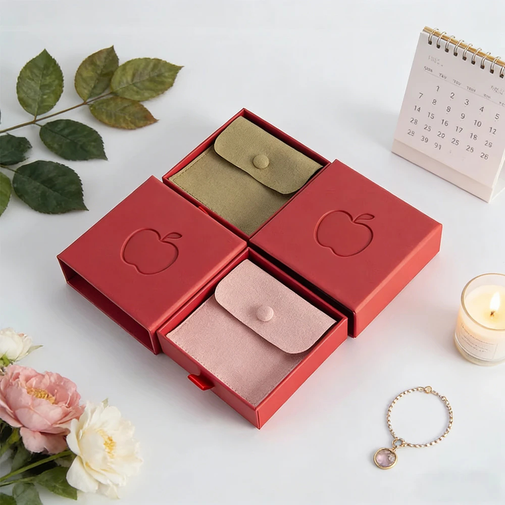 

24set Custom Logo 8x8x1.7cm Cardboard Sliding Jewellery Gift Box Red Paper Drawer Jewelry Ring Earring Packaging Boxes Snap Bags