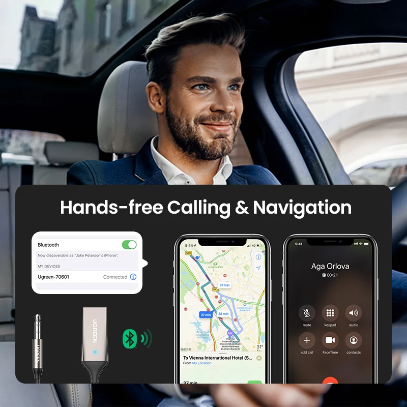 UGREEN Bluetooth 5.3 Handsfree Adapter Wireless Bluetooth 3.5mm AUX Music Navigation Streaming Microphone for Calls Car