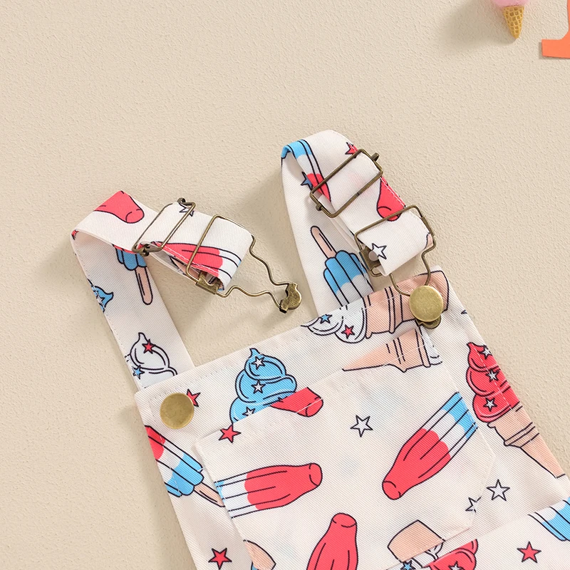 Girls Summer Independence Day Jumpsuit Sleeveless Ice Cream Firework Print Suspender Shorts