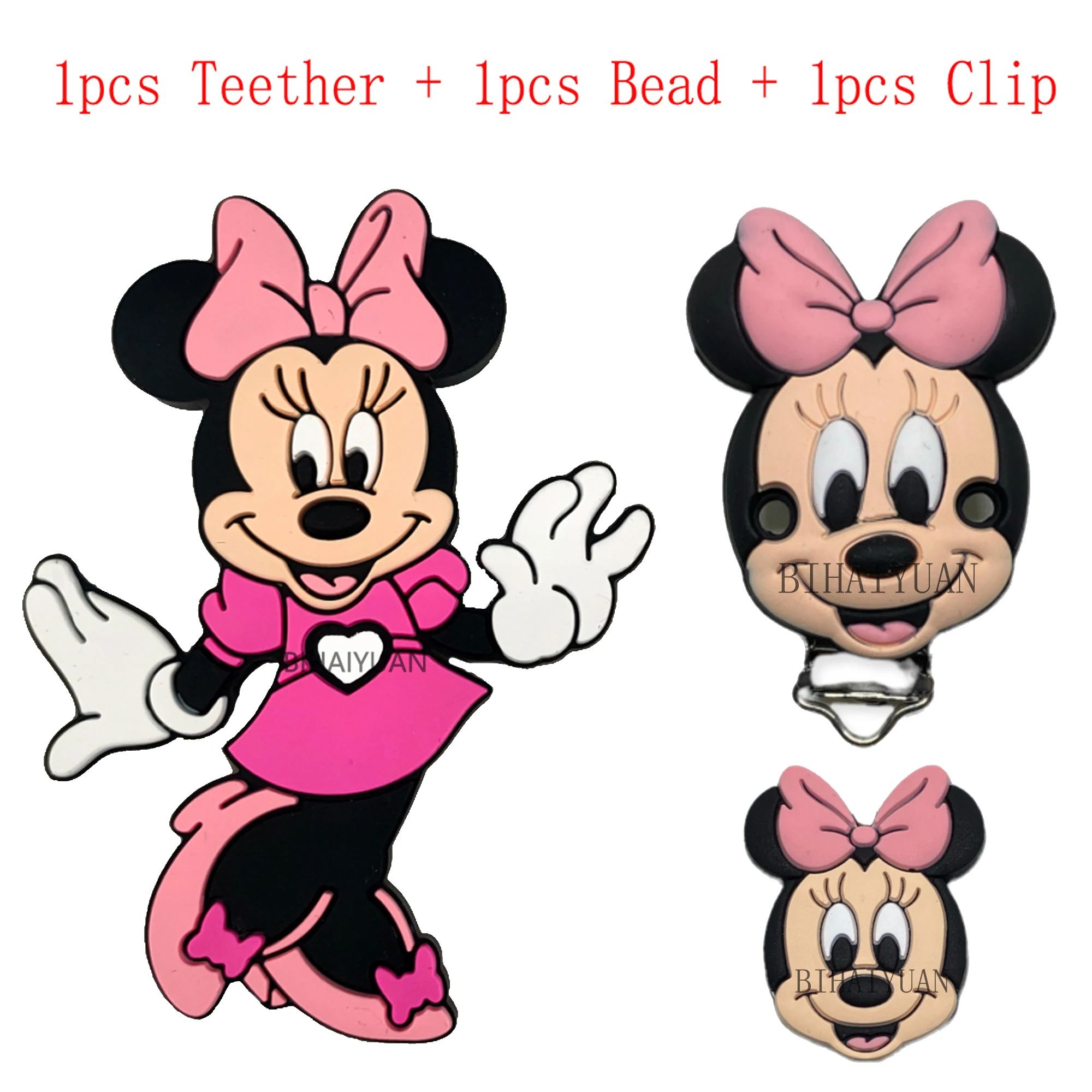 3pcs one set Minnie mouse Silicone teether clip bead Baby Molar Teether Bead DIY Pacifier Chain Jewelry Accessories