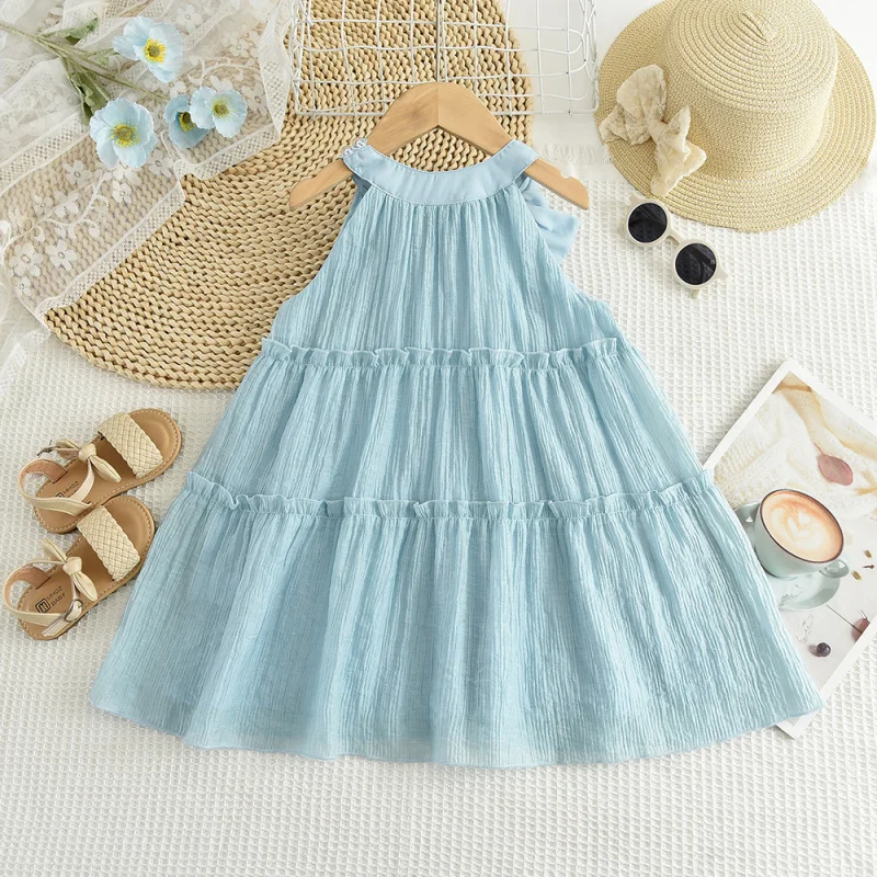 Summer New Dress for Girls, Blue Multi-layer Korean Style Bow Chiffon Halter Princess Dress