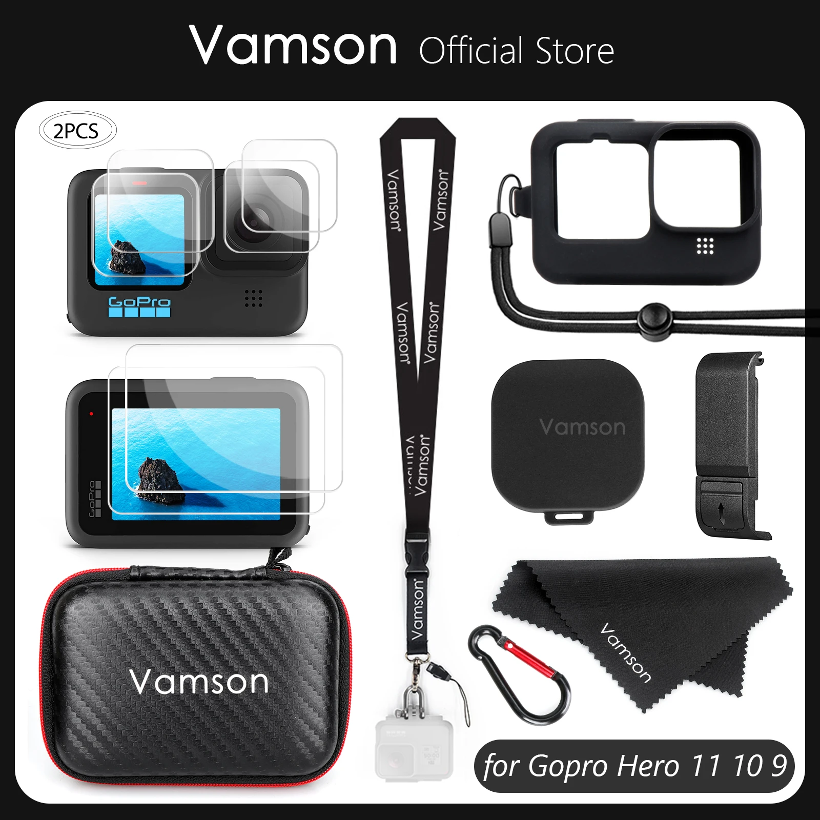 Vamson 렌즈 캡이 있는 실리콘 보호 커버, 고프로 히어로 12 11 10 9 용 블랙 배터리 사이드 케이스, 고프로 10 액세서리