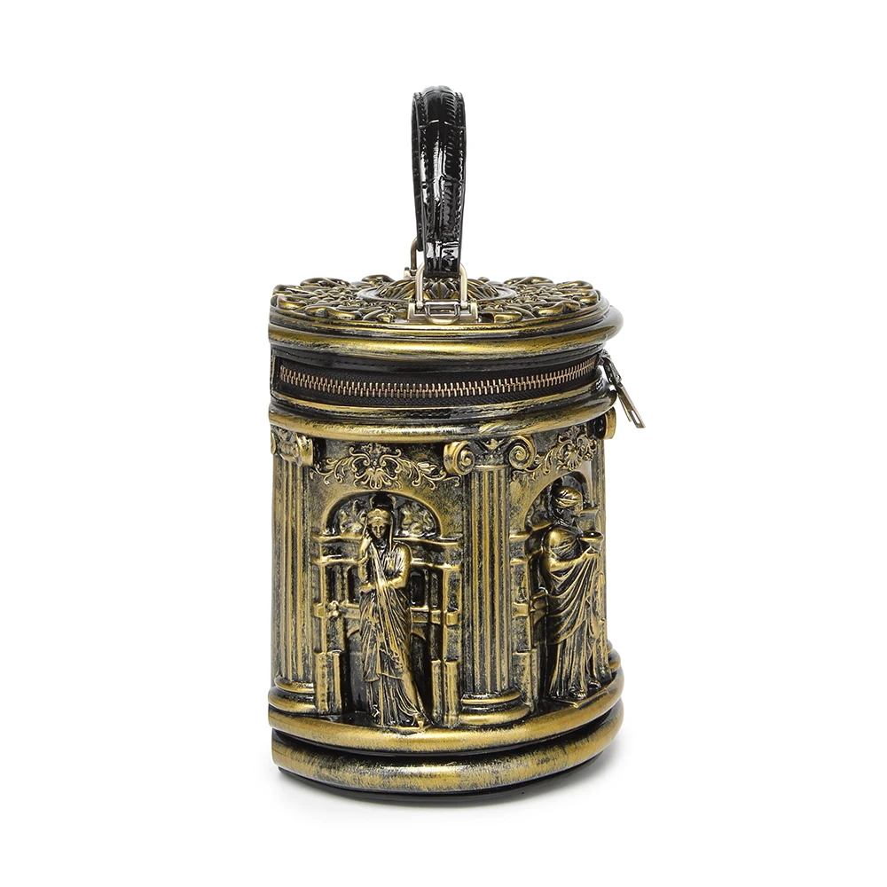 Vintage Retro Roman Column Bag 2026 Luxury Brand Antique Gold Relief Handbag Fashion Cylinder Barrel Shoulder Bag 3D Sculpture T