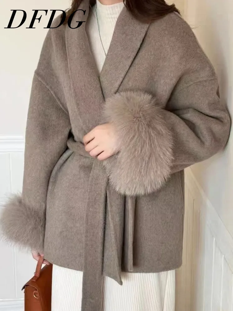 DFDG معطف صوفي قصير برباط من الكشمير للنساء بمزاج الموضة لخريف وشتاء 2024 مجموعة جديدة #1