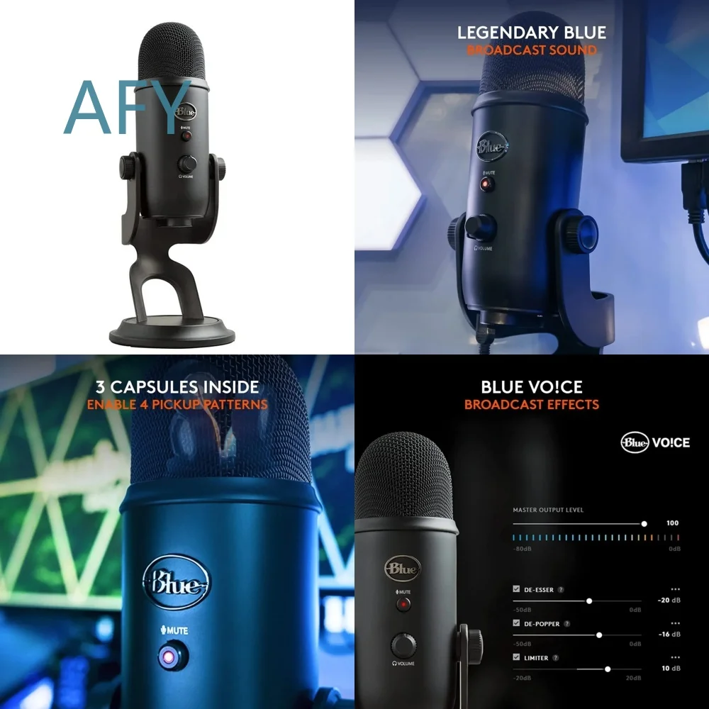 Blue Yeti Portable Noise Cancelling Condenser Microphone for Recording Singing Streaming Podcasting with 4 Pickup Patterns
