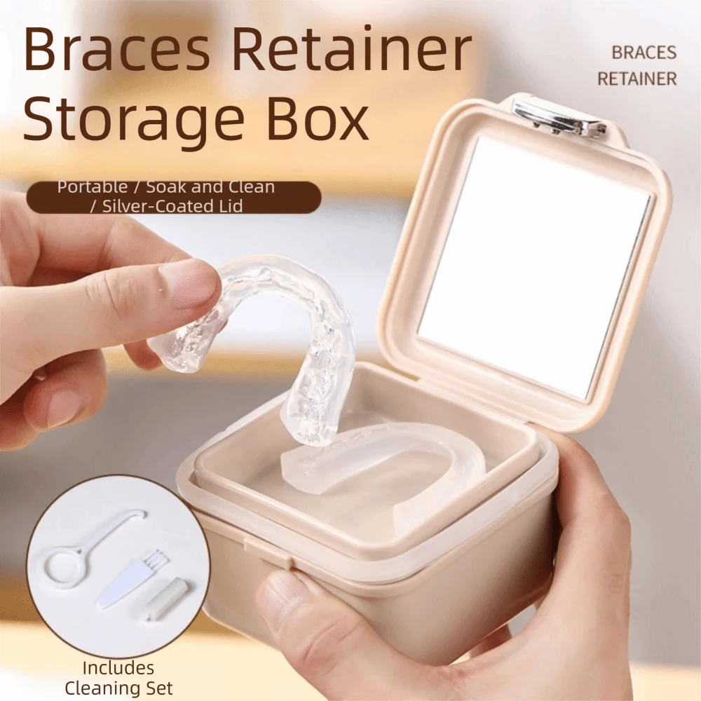 Dustproof 2 in 1 False Teeth Box Double Layer with Mirror Mouth Guard Box Draining Basket with Cleaning Brush Braces Soaking Cup