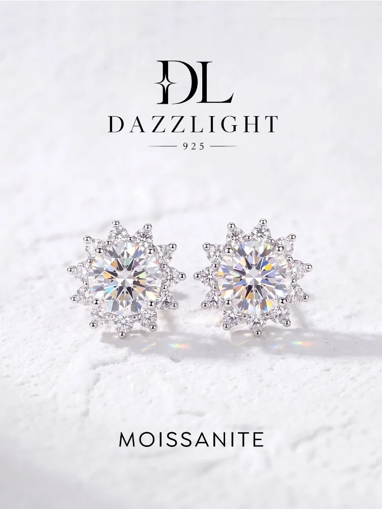 DiamondWorld Sparkling 0.5CT Moissanite Diamond Halo Sun Flower Stud Earrings for Women 925 Sterling Silver Party Fine Jewelry