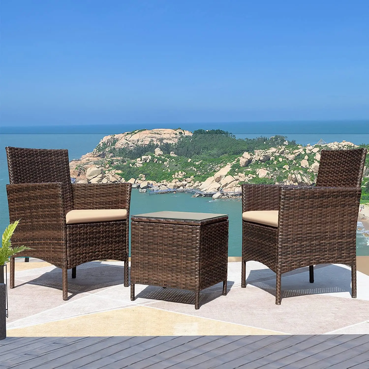 Banc en osier de rotin PE avec coussins doux et table à thé en verre, ensemble de sièges d'extérieur, jardin et balcon, 3 pièces