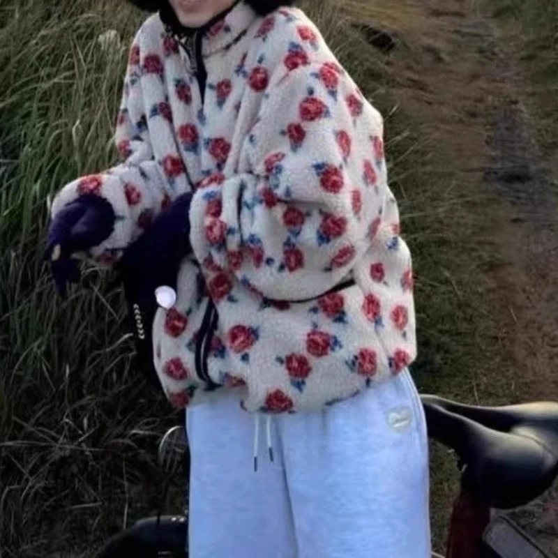 Kurtka zimowa 2025 New Rose Shake Fleece Retro Ciepła Rozpinana Casualowa