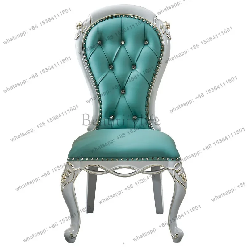 

yj58 European leather dining chair villa simple premium gray tracing silver solid wood carving flower backrest with armchair