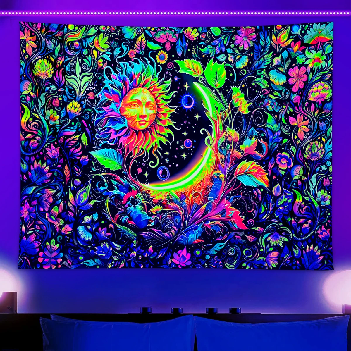 1pc Sun and moon tapestry, UV responsive floral and plant tapestry, mysterious floral tapestry, bedroom wall hanging tapestry