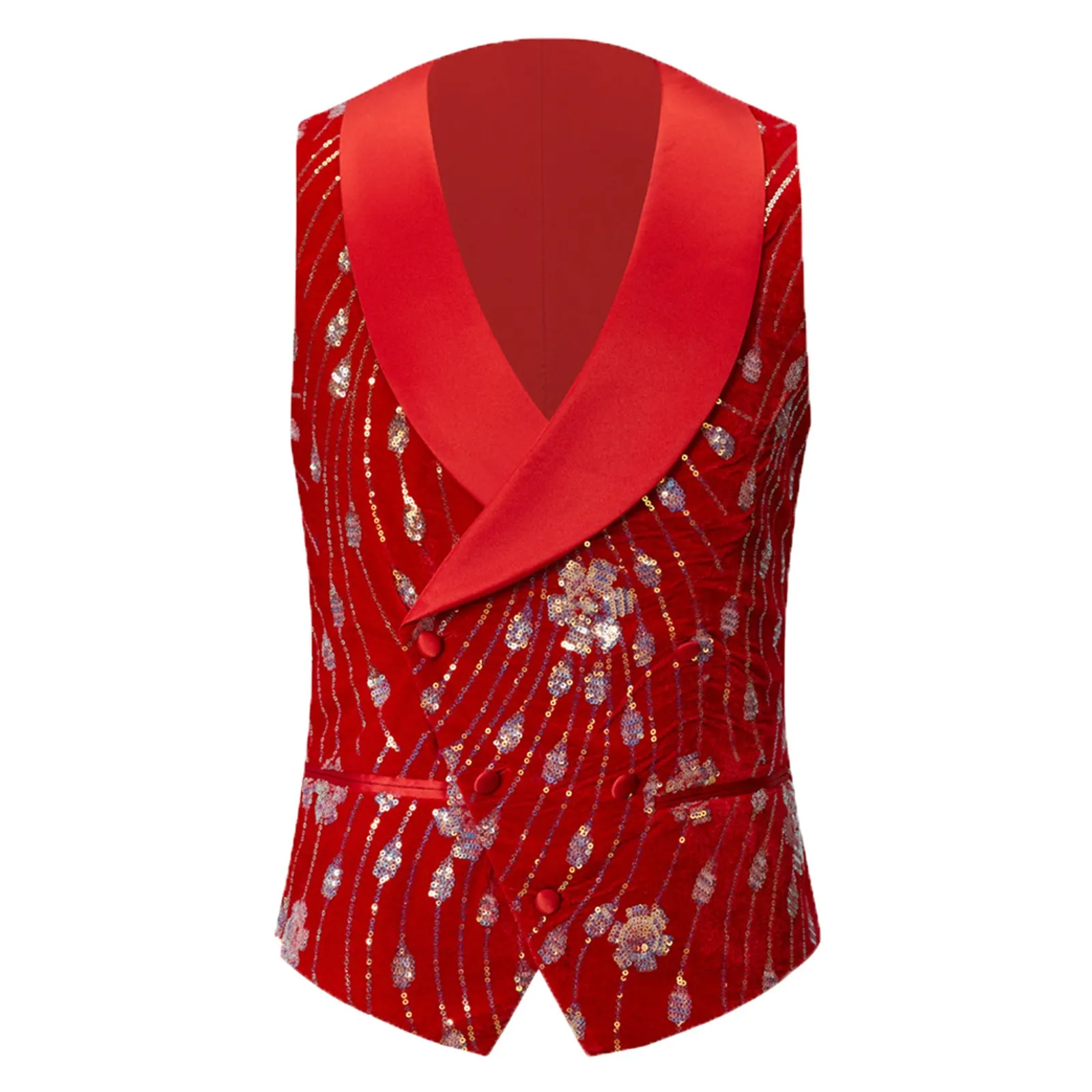 Gold Shiny Sequin Suit Vest Men's Glitter Embellished Red,Black Blazer Waistcoat Night Club Wedding Party Stage Singers Clothing