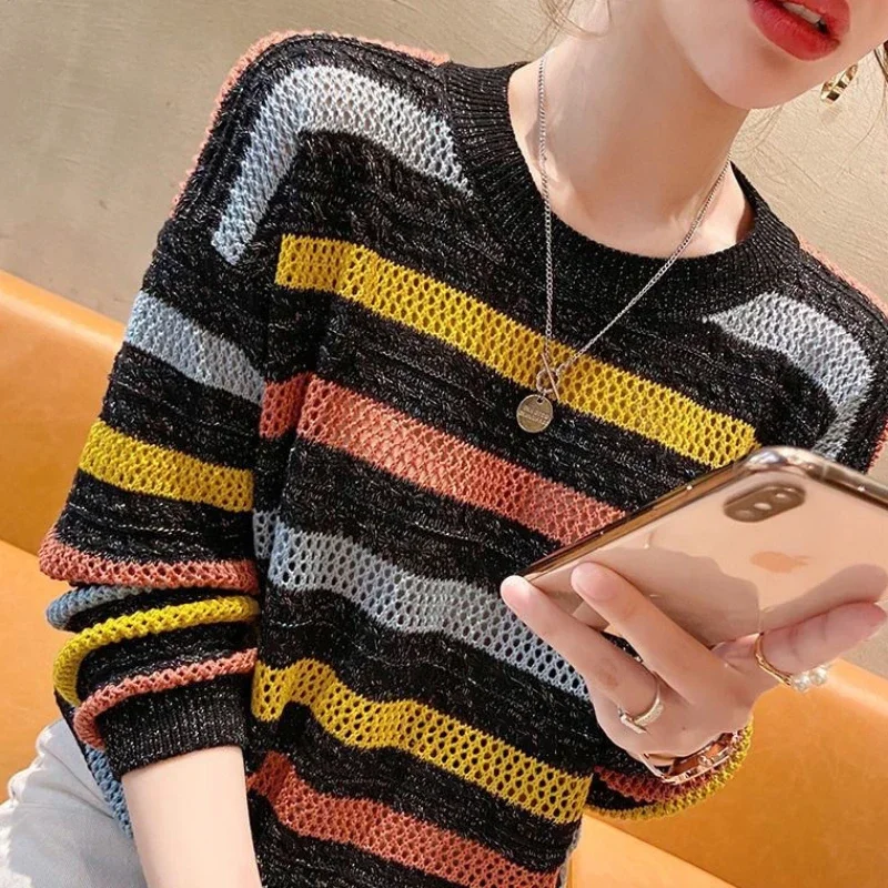 Women\'s Sweater Round O Neck Knit Tops for Woman Blue Mesh Pullovers Y2k Vintage Trend 2024 Korean Luxury Cold Winter Fashion