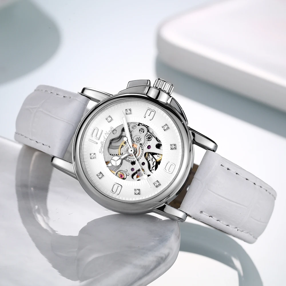 Winner Women’s Automatic Watch Self-Winding Mechanical Fashion Casual Skeleton Elegant White Leather Lady Wristwatch Girl Dress
