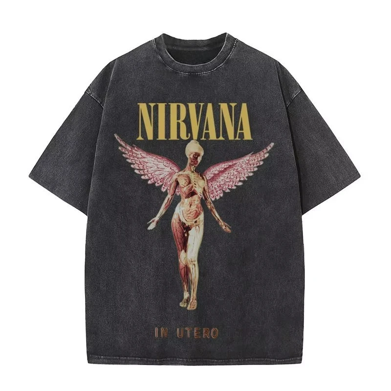 Nirvana rock band men's Retro cotton Washed Tee In Utero album man Women's oversized Y2K distress Tshirt Casual Loose streetwear