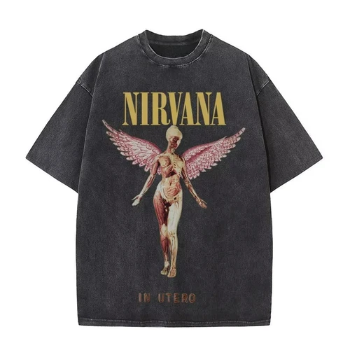 Camiseta Retro de algodón lavada de la banda de rock de Nirvana para hombre en álbum de útero, camiseta de gran tamaño Y2K para mujer, ropa informal holgada informal