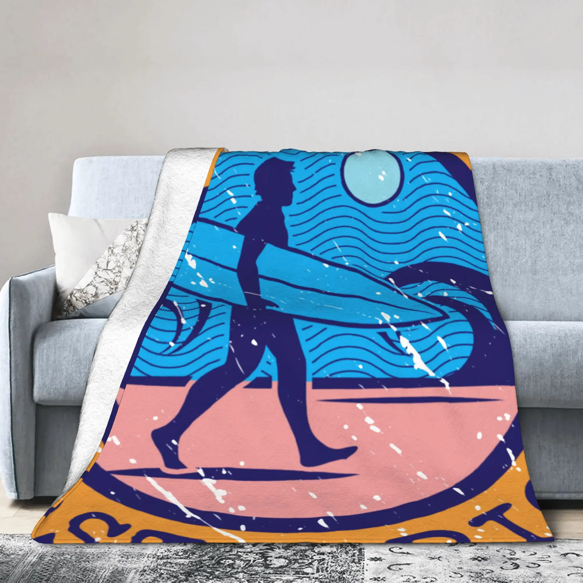 Custom Summer Beach Surfing  Blanket Soft Fleece Autumn Warm Flannel Surfer Gift Throw Blankets for Sofa Travel Bedroom Quilt